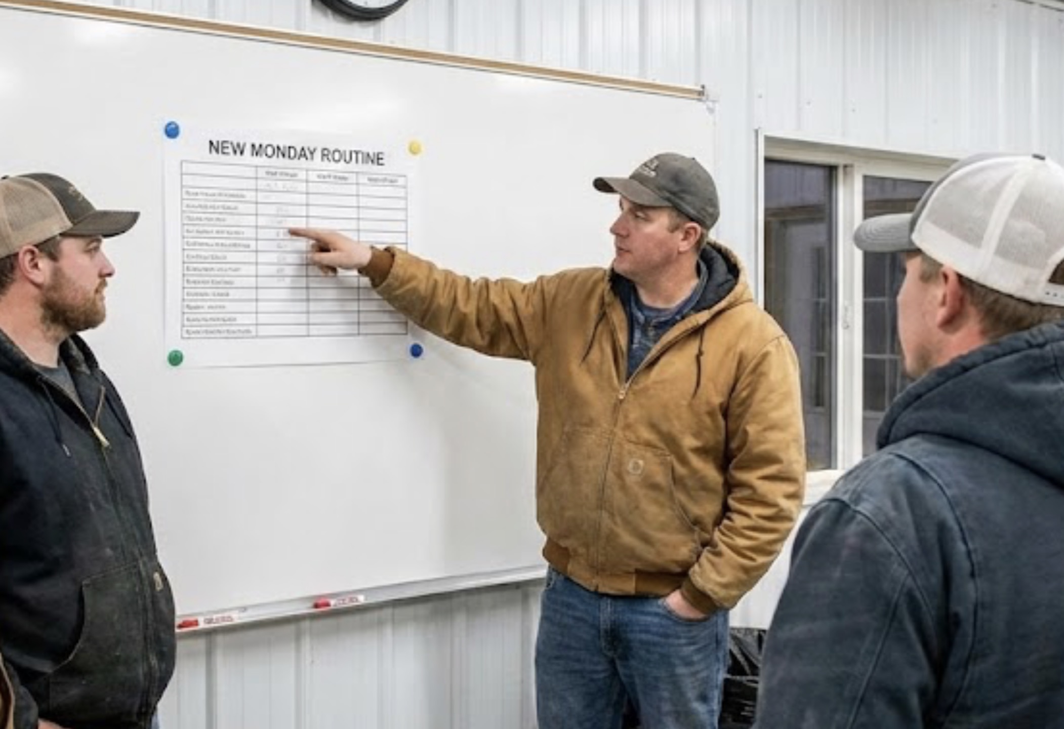 Team reviewing new Monday routine on whiteboard